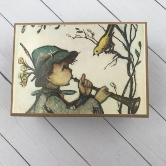 Reuge Swiss Music Box Boy Playing Horn for Bird Image on Top Wood Footed Hinged - Picture 2 of 13